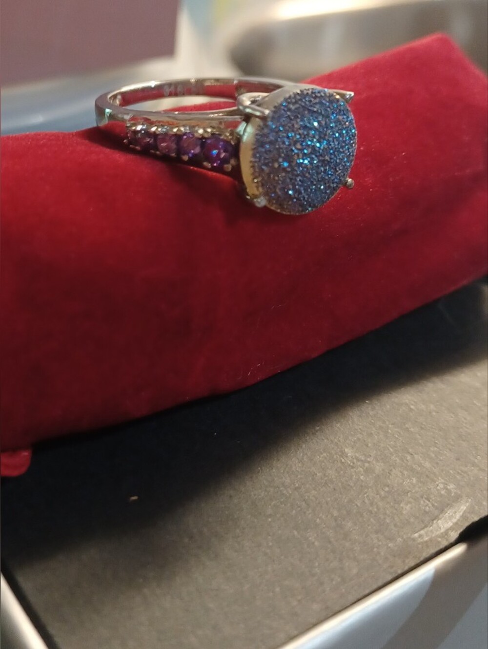 Silver Titanium Blue Druzy & Purple Accent Ring - Women's Fashion Jewelry